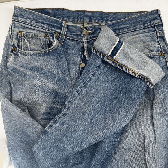 Vintage Levis Single Stitch Redline Selvedge #6 Button 70s 32x32 Thrashed - Picture 1 of 16